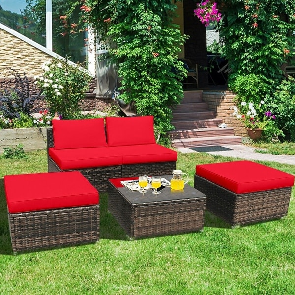 5 Pieces Wicker Lounge Chair Set with Washable Zippered Cushions