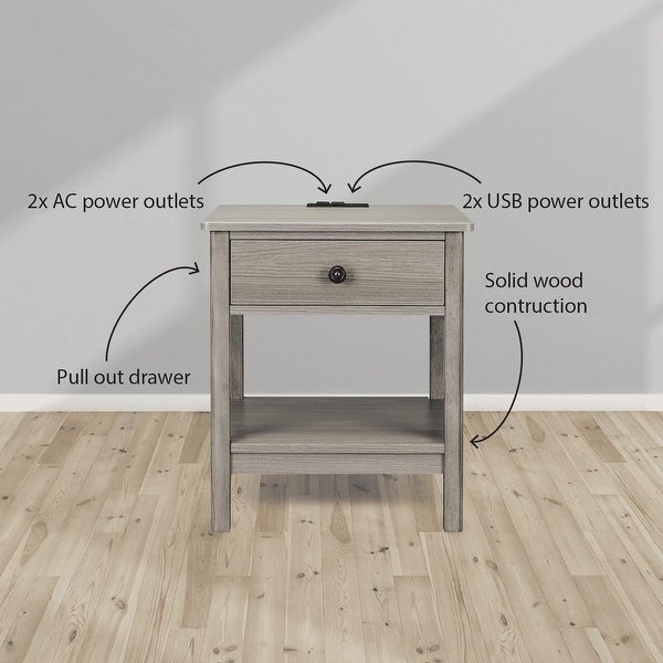 Traditional Rectangular End Table with AC Power and USB Charging Ports， Grey