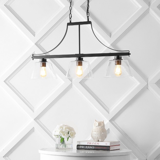 3 light Jayden Industrial Farmhouse Iron glass Linear Led Pendant Oil Rubbed Bronze clear Jonathan Y