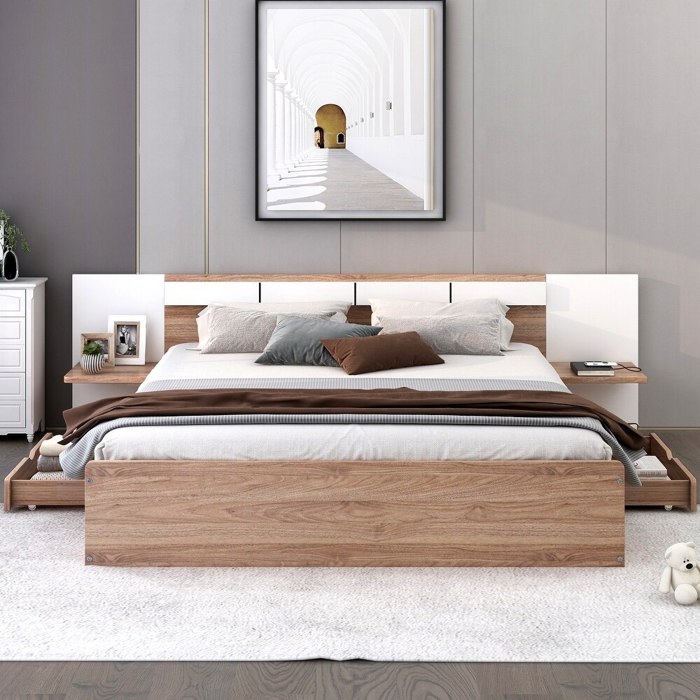 Queen Platform Bed with 2 Drawers  USB Ports   Sockets  Wooden Bed Frame with Extended Headboard   Storage Shelves for Bedroom