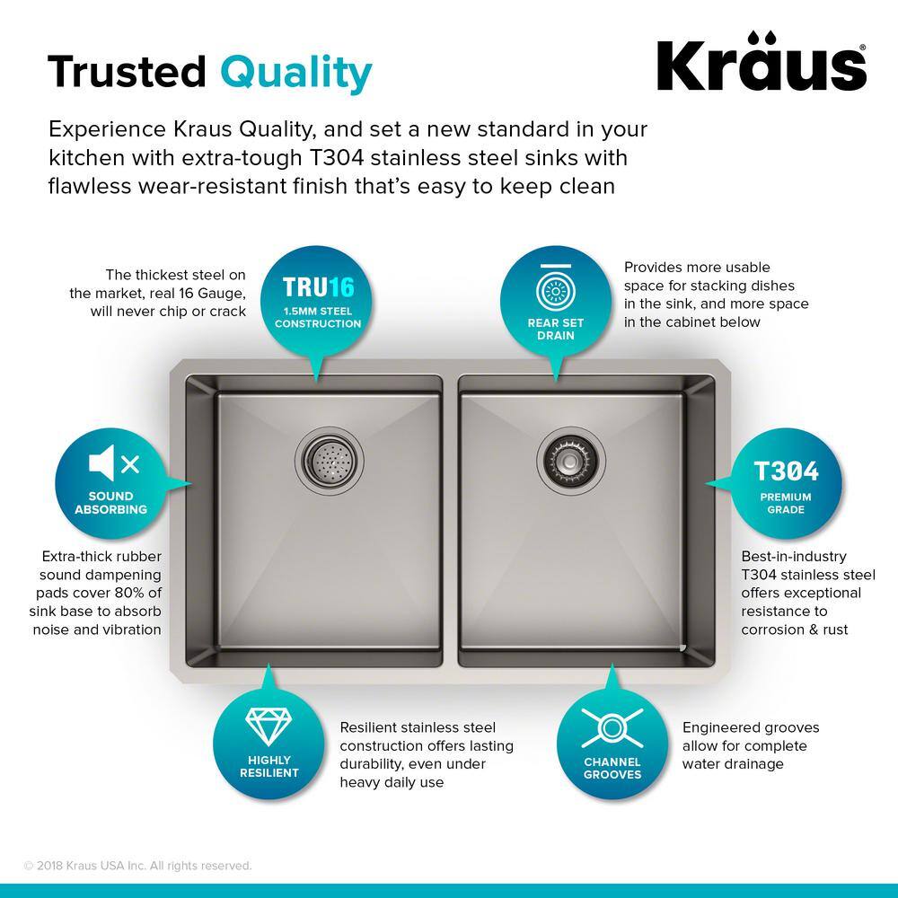 KRAUS Standart PRO 33in. 16 Gauge Undermount 5050 Double Bowl Stainless Steel Kitchen Sink KHU102-33