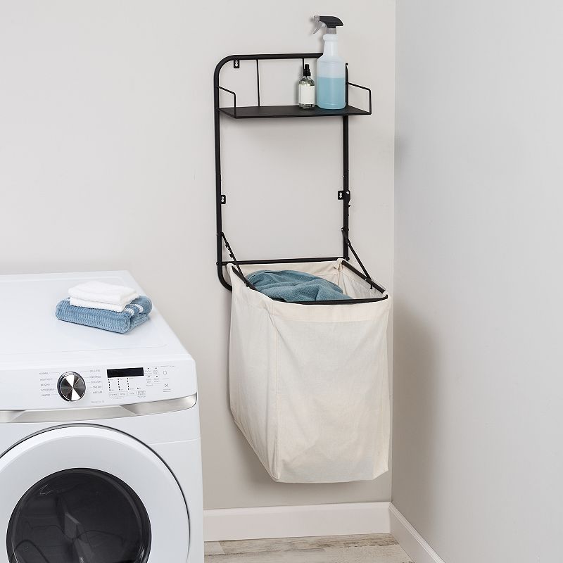 Honey-Can-Do Collapsible Wall-Mounted Clothes Hamper with Canvas Bag and Laundry Shelf