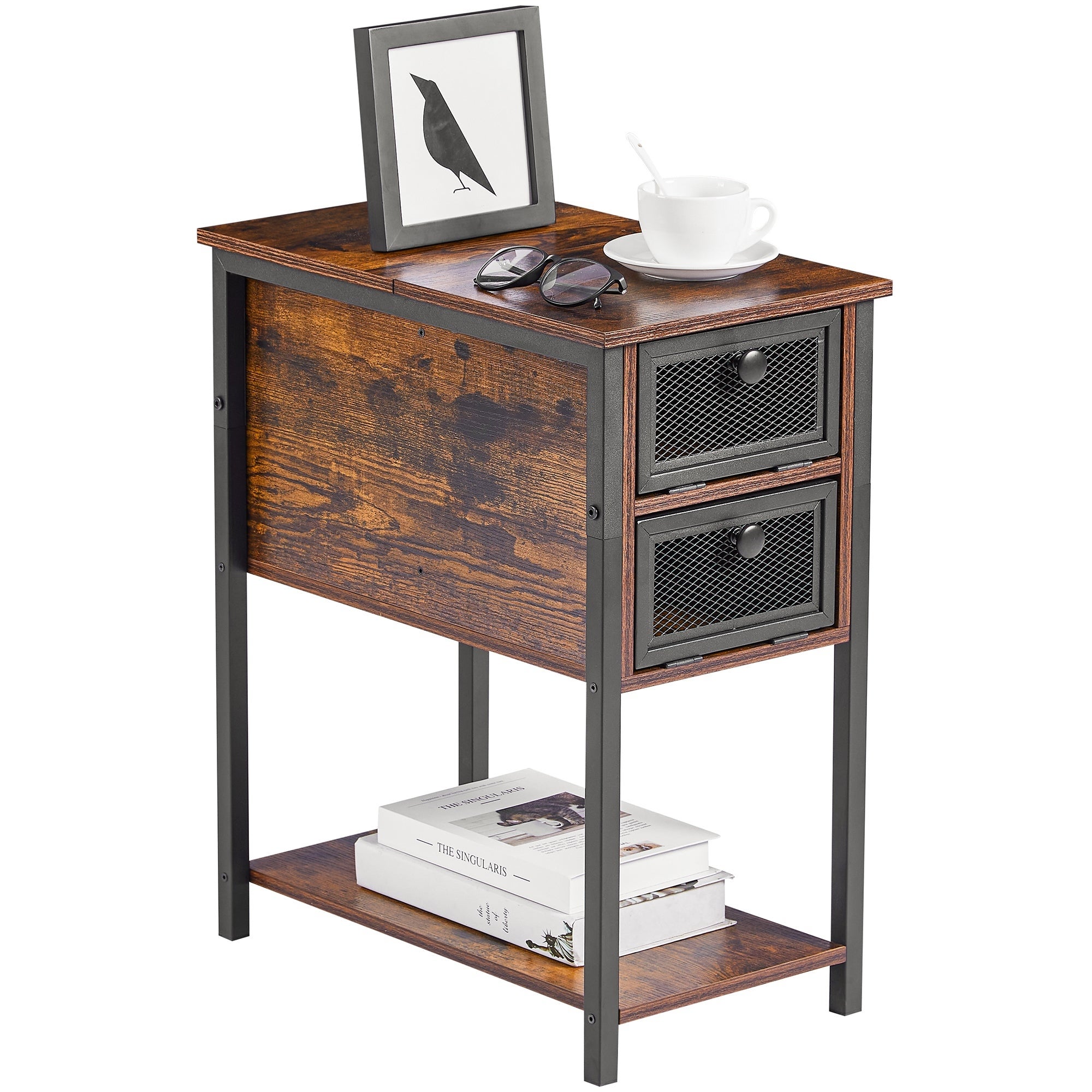 VECELO， Mid-century Modern Flip Top Nightstand with 2-Drawer， Rustic Brown - - 36363959