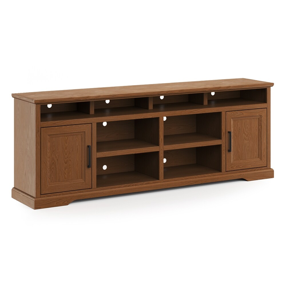 Bridgevine Home Cheyenne 86 Inch TV Stand Console  for TVs up to 95 inches  No Assembly Required  Bourbon Oak Finish