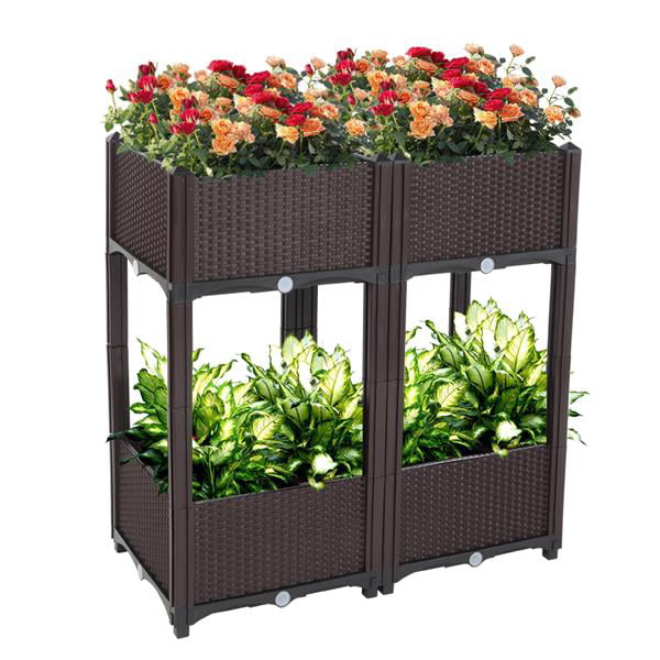 Garden Bed Kit of 4 Pcs Elevated Planter Boxes for Outdoor Flower Balcony Vegetable Grow Legs Planting Container Brown