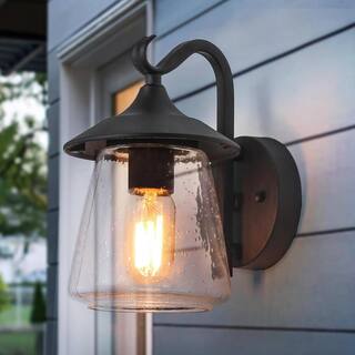 LNC Modern Frosted Black Porch Outdoor Wall Sconce 1-Light Classic Exterior Lantern with Mushroom Clear Seeded Glass Shade VAFNYAHD13356V6