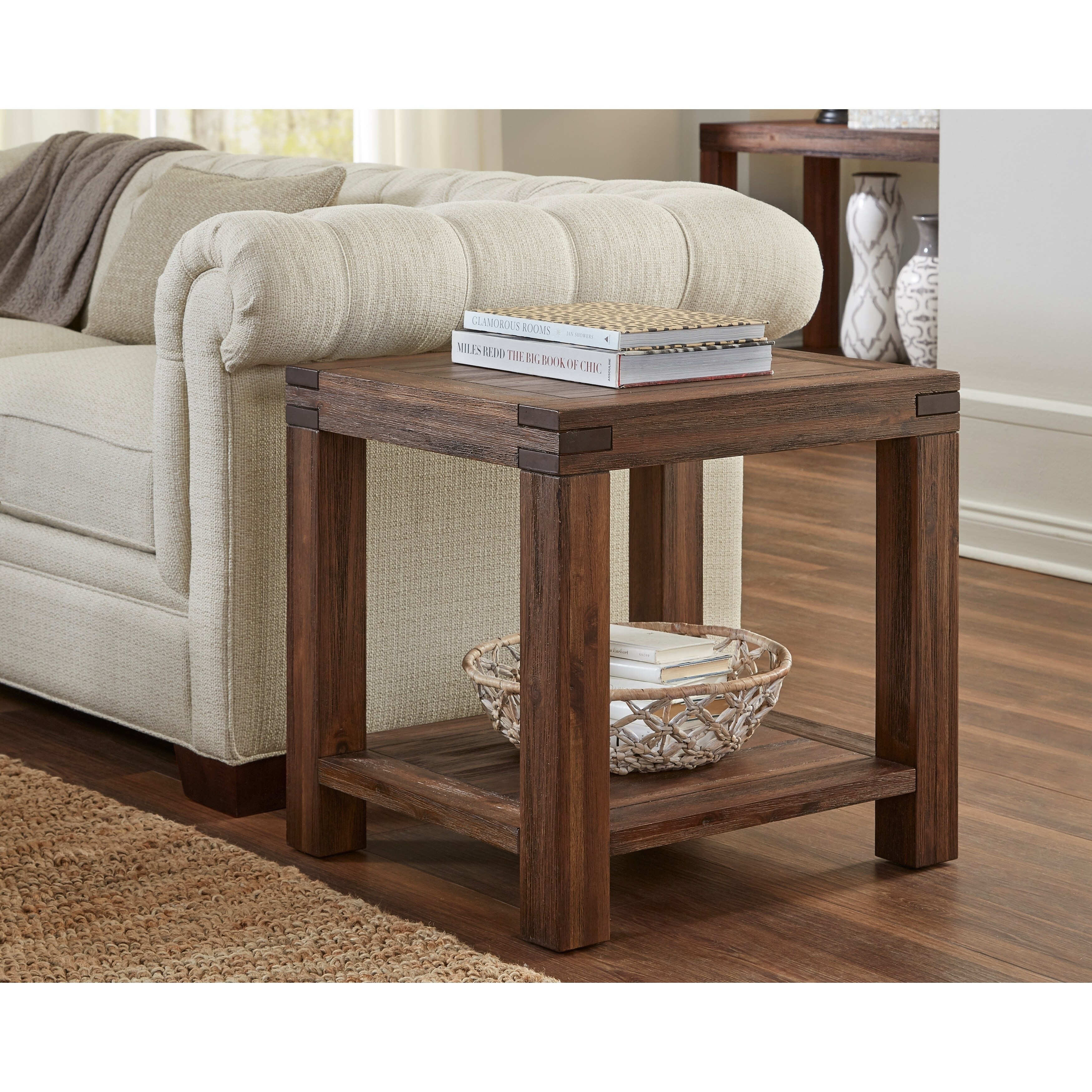 Meadow Solid Wood Rectangular Side Table in Brick Brown