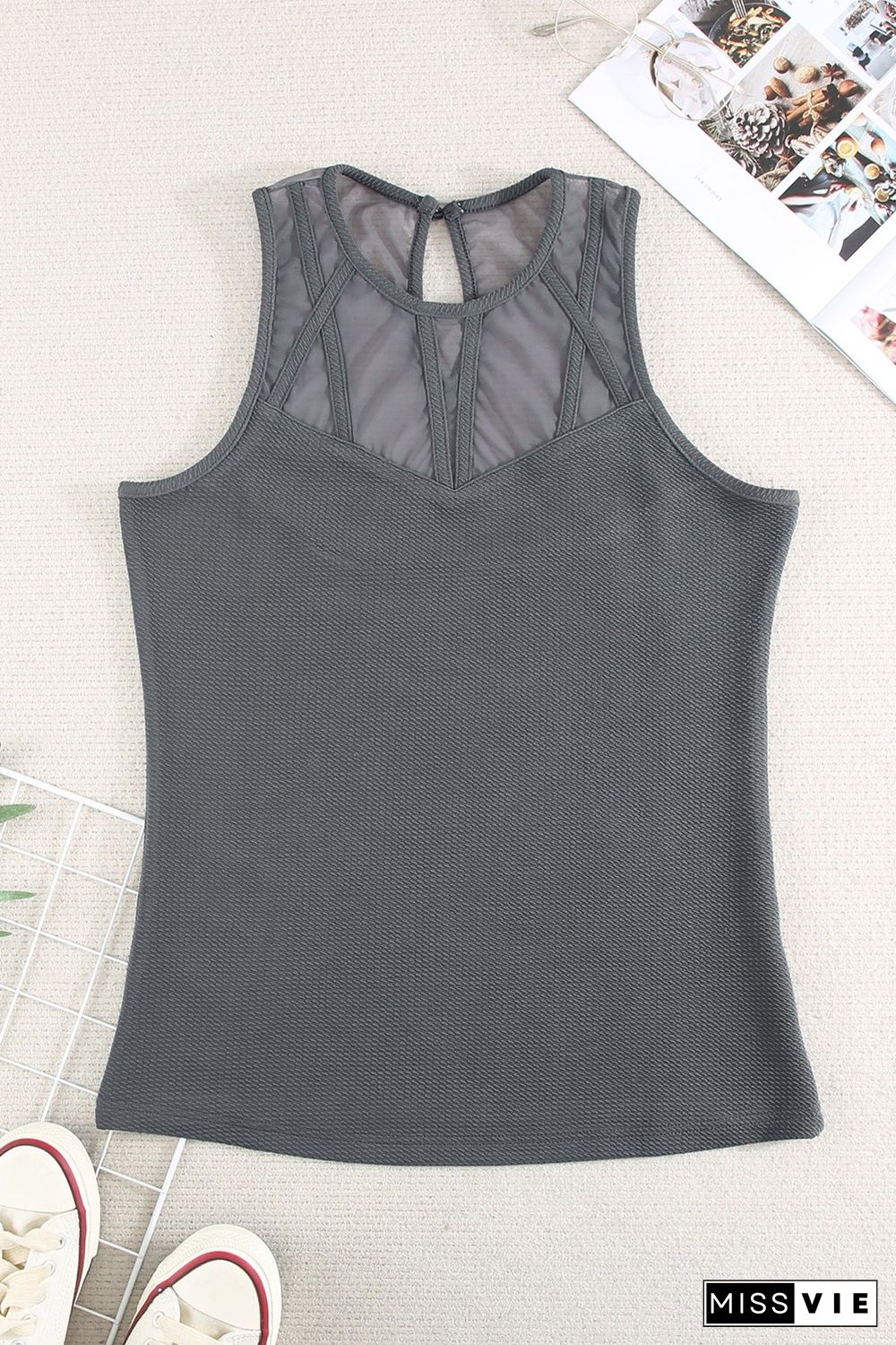 Gray Strappy Mesh Splicing Ribbed Tank Top