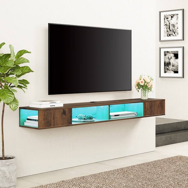 Floating Wall Mounted TV Stand with Storage， Brown， 70 Inch