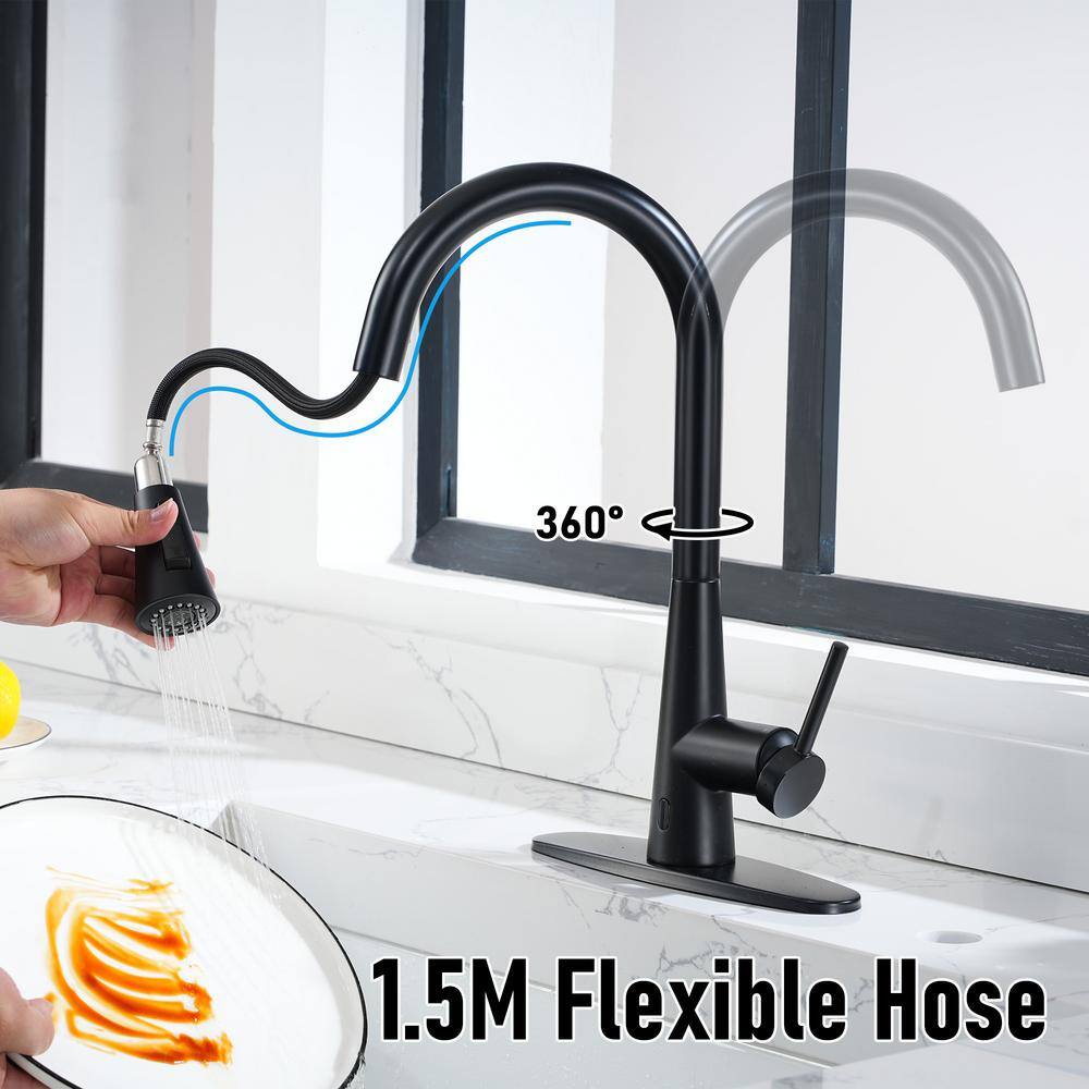 Boyel Living 3-Spray Patterns Single Handle Touchless 1.8 GPM Pull Down Sprayer Kitchen Faucet with Deckplate Included in Matte Black BL-APS243TL-MB