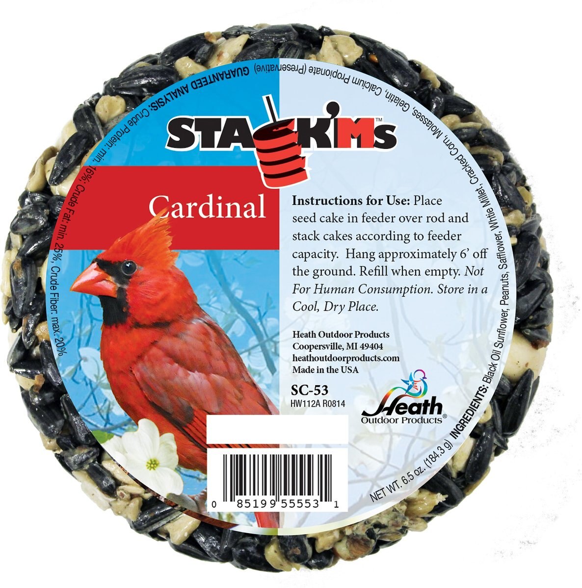 Heath Outdoor Products Cardinal Stack'Ms Seed Cake Bird Food， 7-oz cake， pack of 6