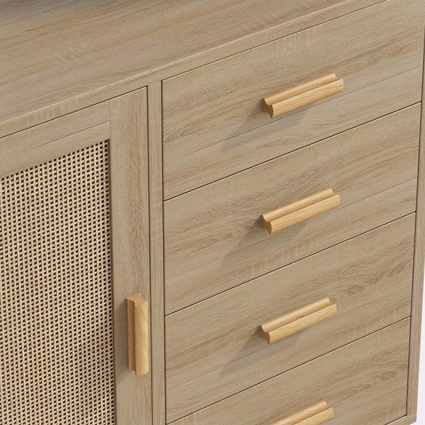 4 Drawers Wooden Cabinet with Rattan Decorative Doors