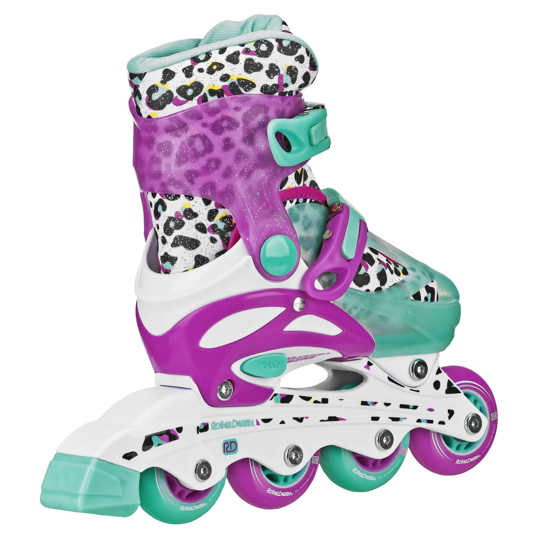 Roller Derby Sprinter Girl's 2-in-1 Adjustable Quad Roller and Inline Skates Combo, Leopard, Small (12-2)