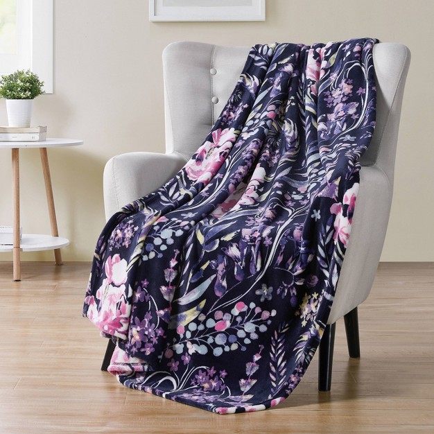 Oversized Swaying Floral Plush Throw Blanket Black pink Vcny Home