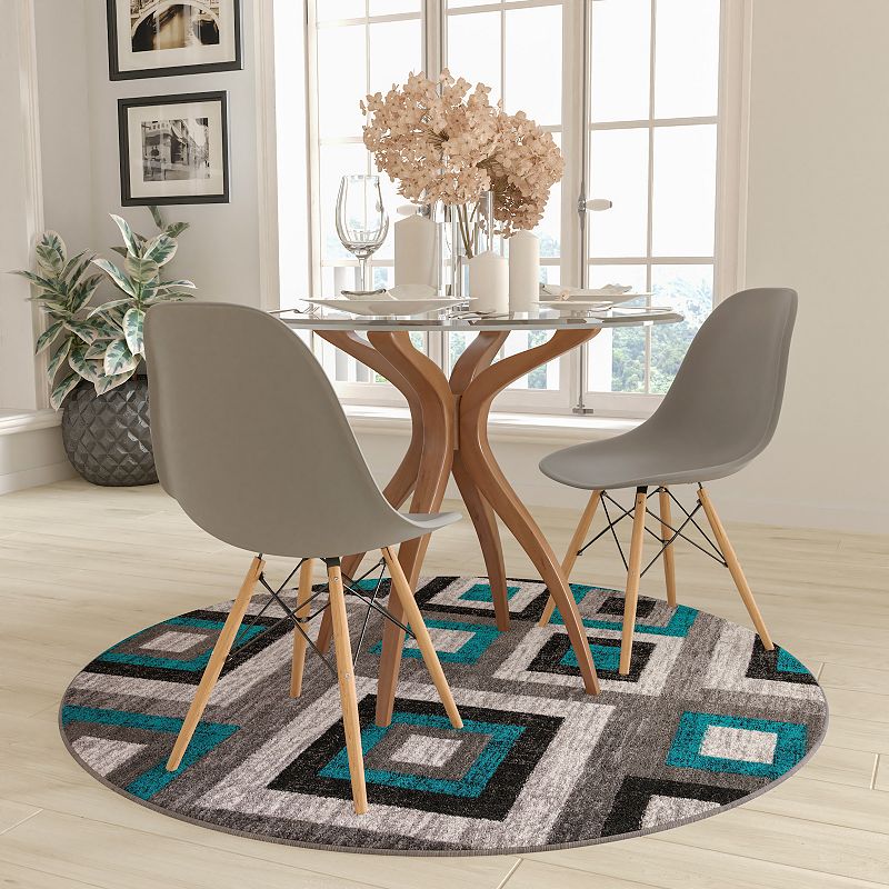 Masada Rugs Newton Collection Modern 5'x5' Round Accent Rug with Geometric Square Pattern in Turquoise， Gray and White