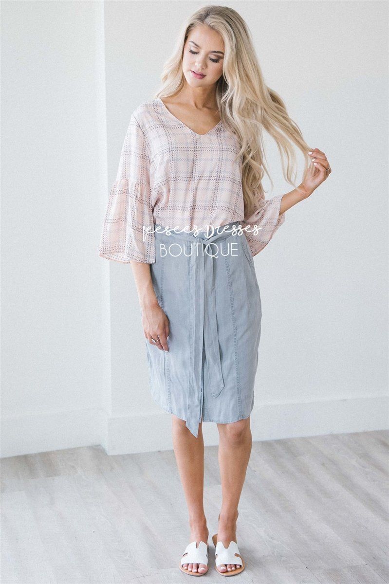 Chambray Button Front Tie Skirt