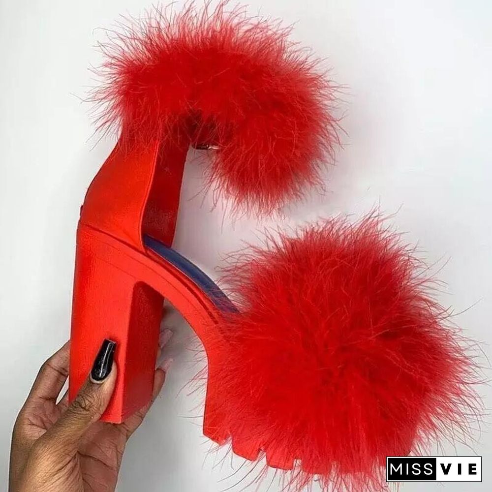 Back To School Outfit  Woman Furry Sandals High Heels With Fur Female Platform Pumps Women Ankle Strap Women'S Wedge Shoes Summer