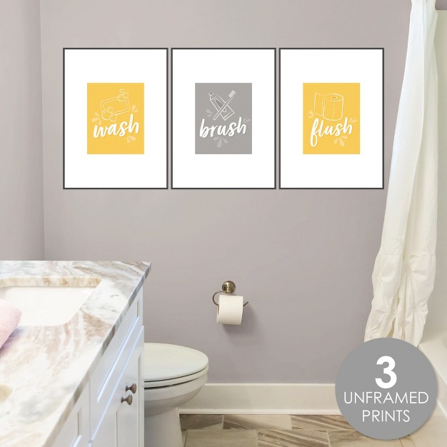 Big Dot Of Happiness Modern Yellow And Gray Unframed Wash Brush Flush Simple Decor Bathroom Wall Art 8 X 10 Inches Set Of 3 Prints