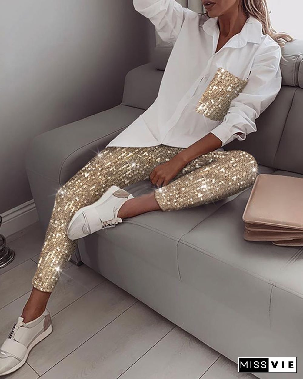 Sequin Long Sleeve Top & Pant Sets P14562