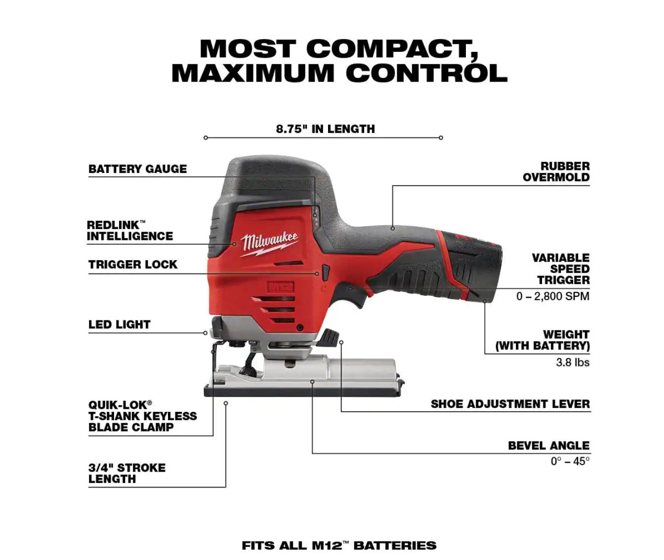 Milwaukee 2467-20-2445-20-48-11-2460 M12 12V Lithium-Ion Cordless 1/4 in. Right Angle Hex Impact Driver w/M12 Cordless Jig Saw and 6.0Ah XC Battery Pack