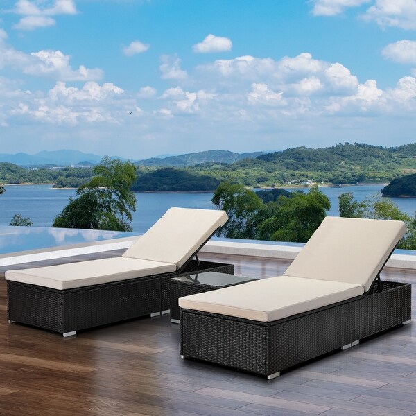 3-Piece Rattan Wicker Patio Chaise Lounge Set， 2 Adjustable Lounge Chaise and Side Table