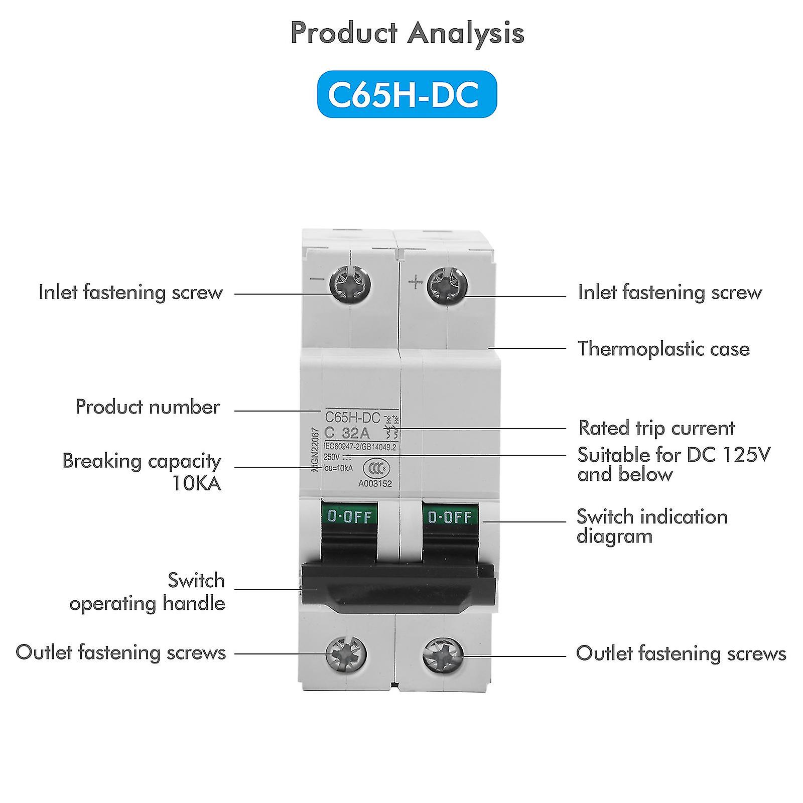 1pc 250V DC 2P  Solar Mini Circuit Breaker 16A  32A 63A DC MCB for PV System (32A)