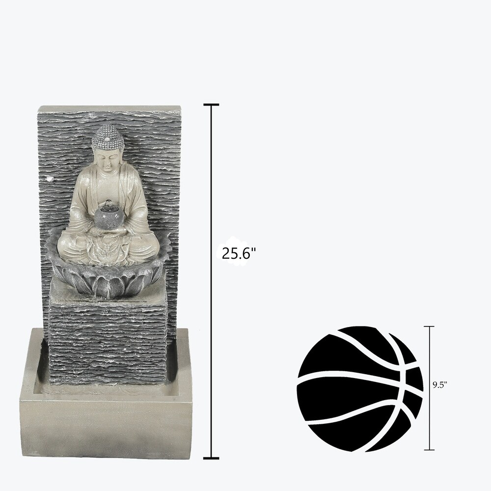 Grey Resin Meditating Buddha on Pedestal Outdoor Patio Fountain with LED Light