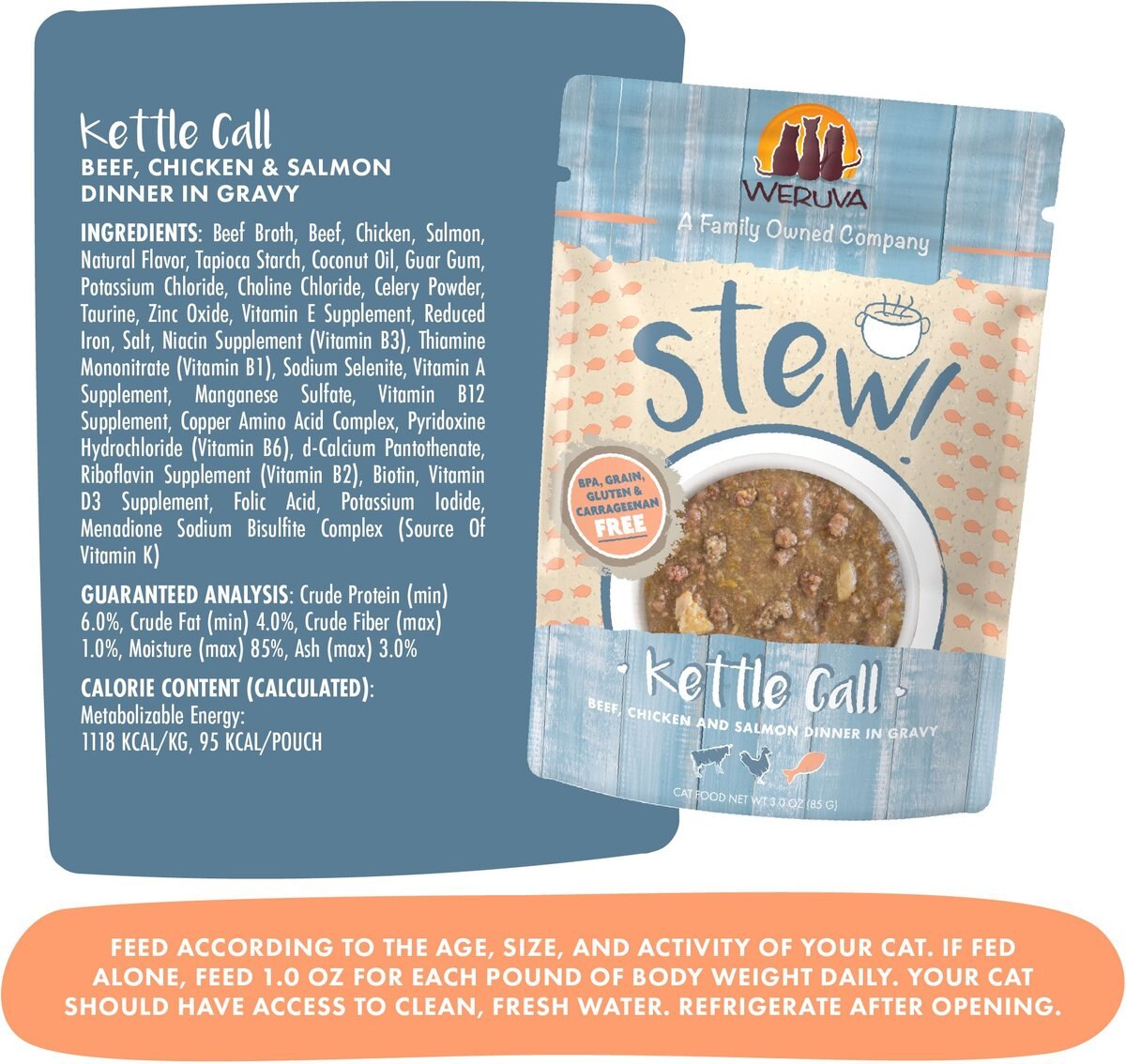 Weruva Classic Cat Kettle Call Beef， Chicken and Salmon in Gravy Stew Cat Food Pouches