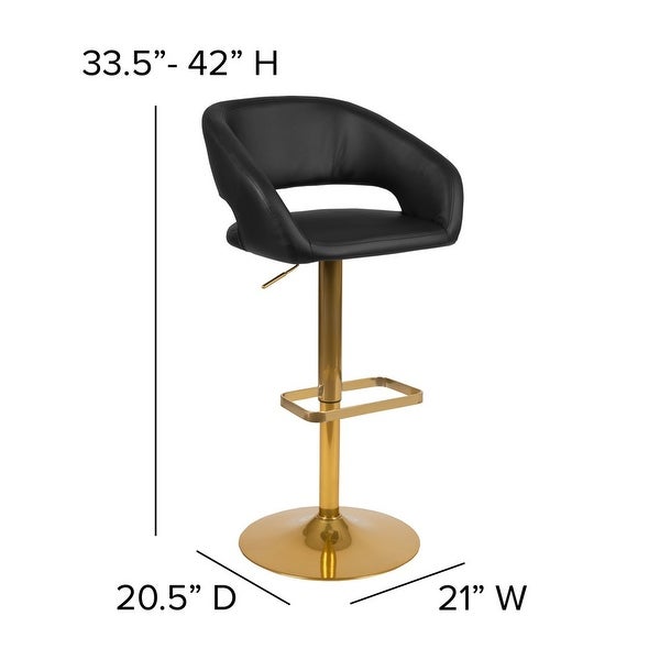 Erik Contemporary Black Vinyl Adjustable Height Barstool with Rounded Mid-Back and Gold Base， Set of 2 - black?