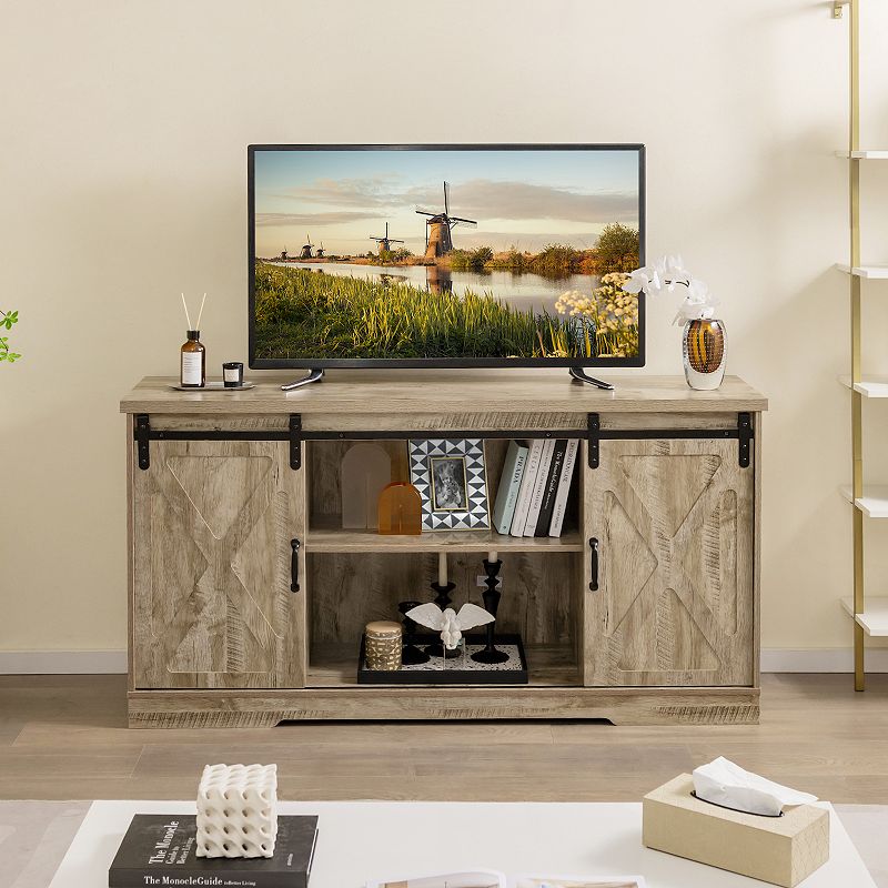 Farmhouse Tv Stand Entertainment Center With Adjustable Shelves And Storage Cabinet