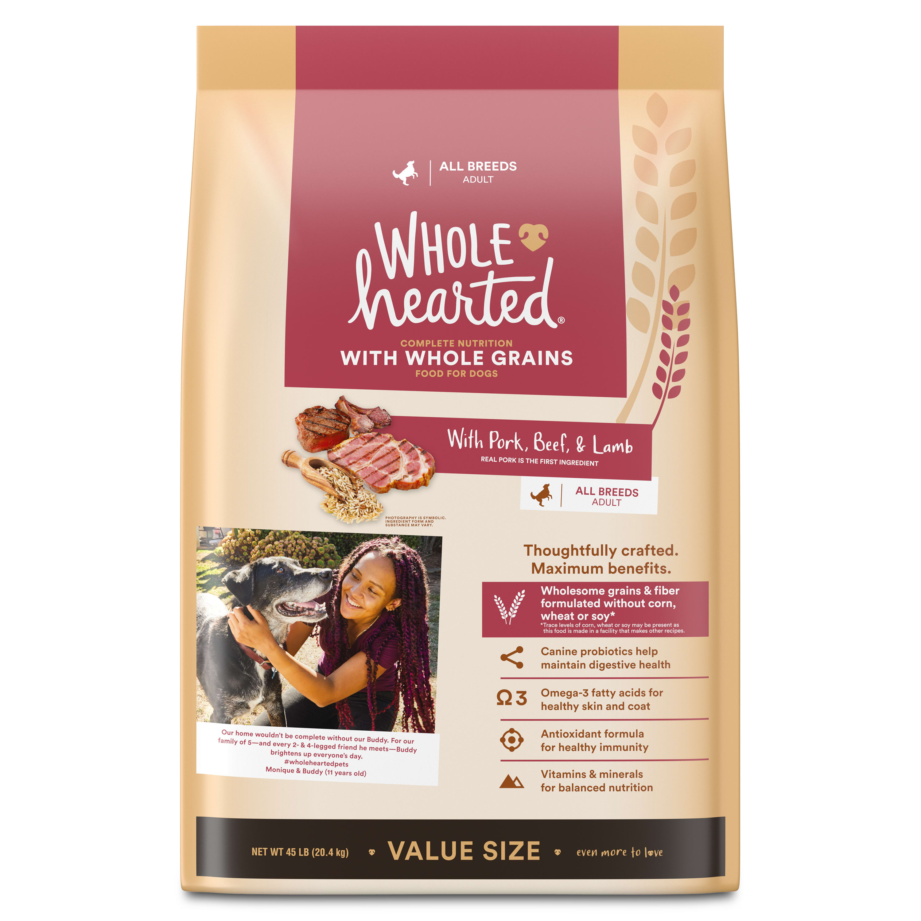 WholeHearted Whole Grains with Pork， Beef  Lamb Dry Dog Food， 45 lbs.