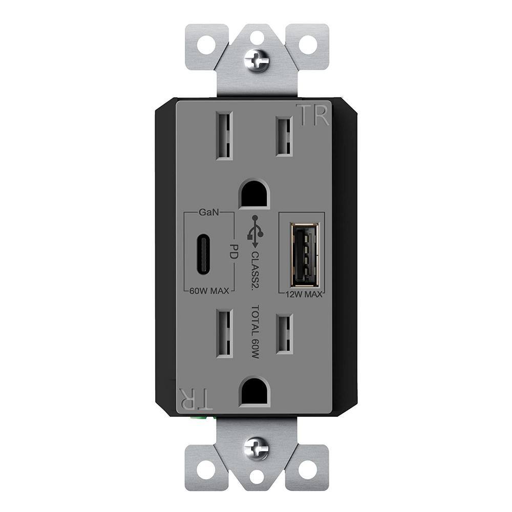 TOPGREENER 15 Amp Duplex Receptacle 60-Watt Power Delivery USB Outlet Type AC 3 Ports Gray TU215PD60AC-GY