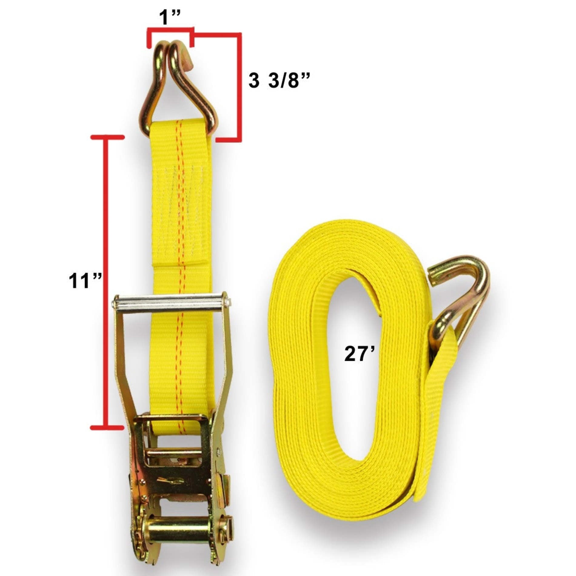 2 Tie-Down Ratchet Straps J-Hooks, 2 Heavy Duty 2" x 27' Tie-Down Ratcheting Cargo Truck Straps Wire Hook Ends, J-Hook Ratchet Strap Tie-Downs