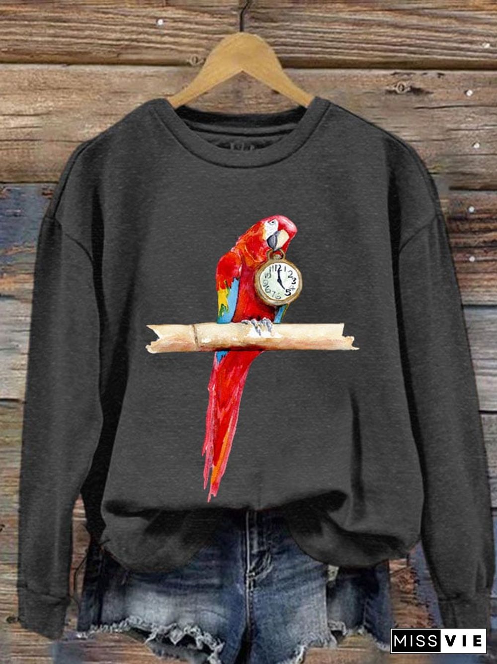 Women's Jimmy Watercolor Five O'Clock Parro Print Casual Sweatshirt