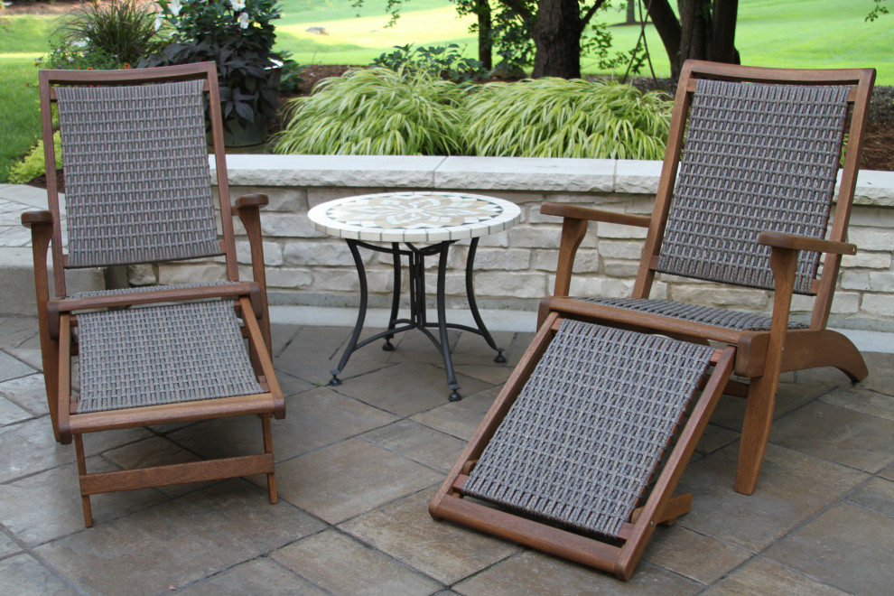 3 Piece Eucalyptus and Wicker Set With Ottoman and Marble Accent Table   Tropical   Outdoor Lounge Sets   by Outdoor Interiors  Houzz