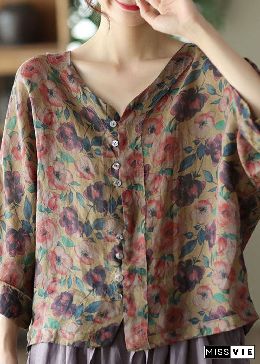 Casual Coffee V Neck Print Linen Shirt Tops Summer