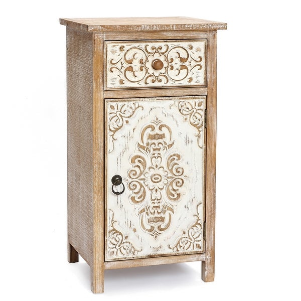 Distressed Floral Carved Wood 1-Door and 1-Drawer End Table with Storage - 30.13