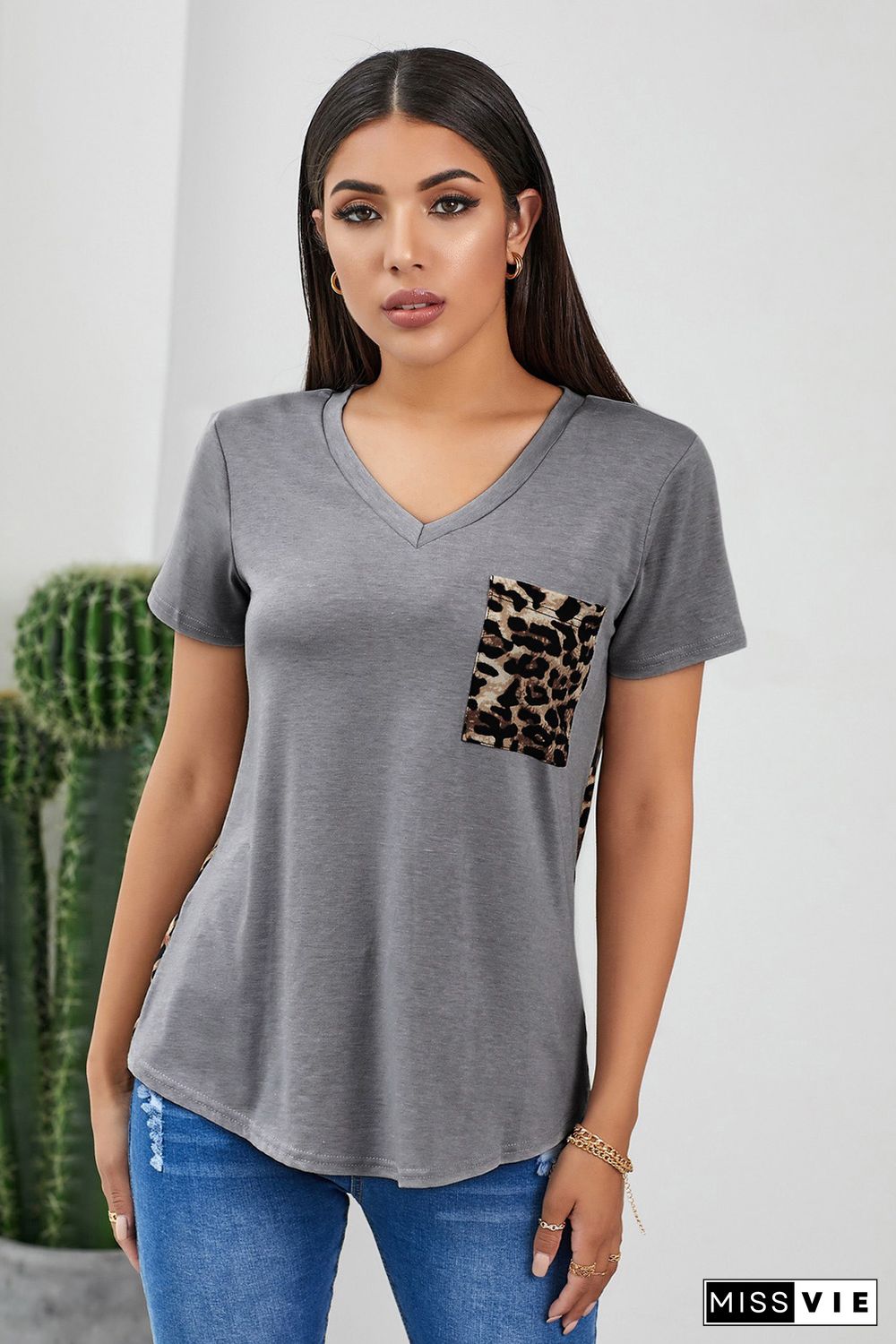 Gray Leopard Printed Splicing T-Shirt