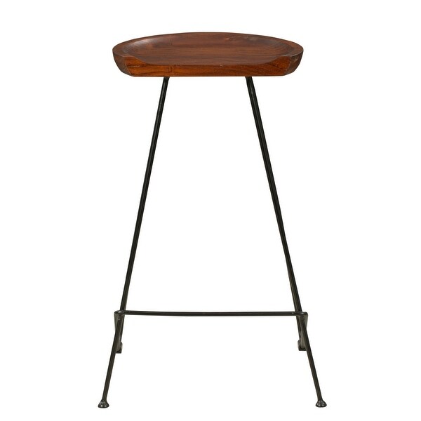 28 Inch Barstool with Acacia Wood Seat and Iron Frame， Dark Brown and Black