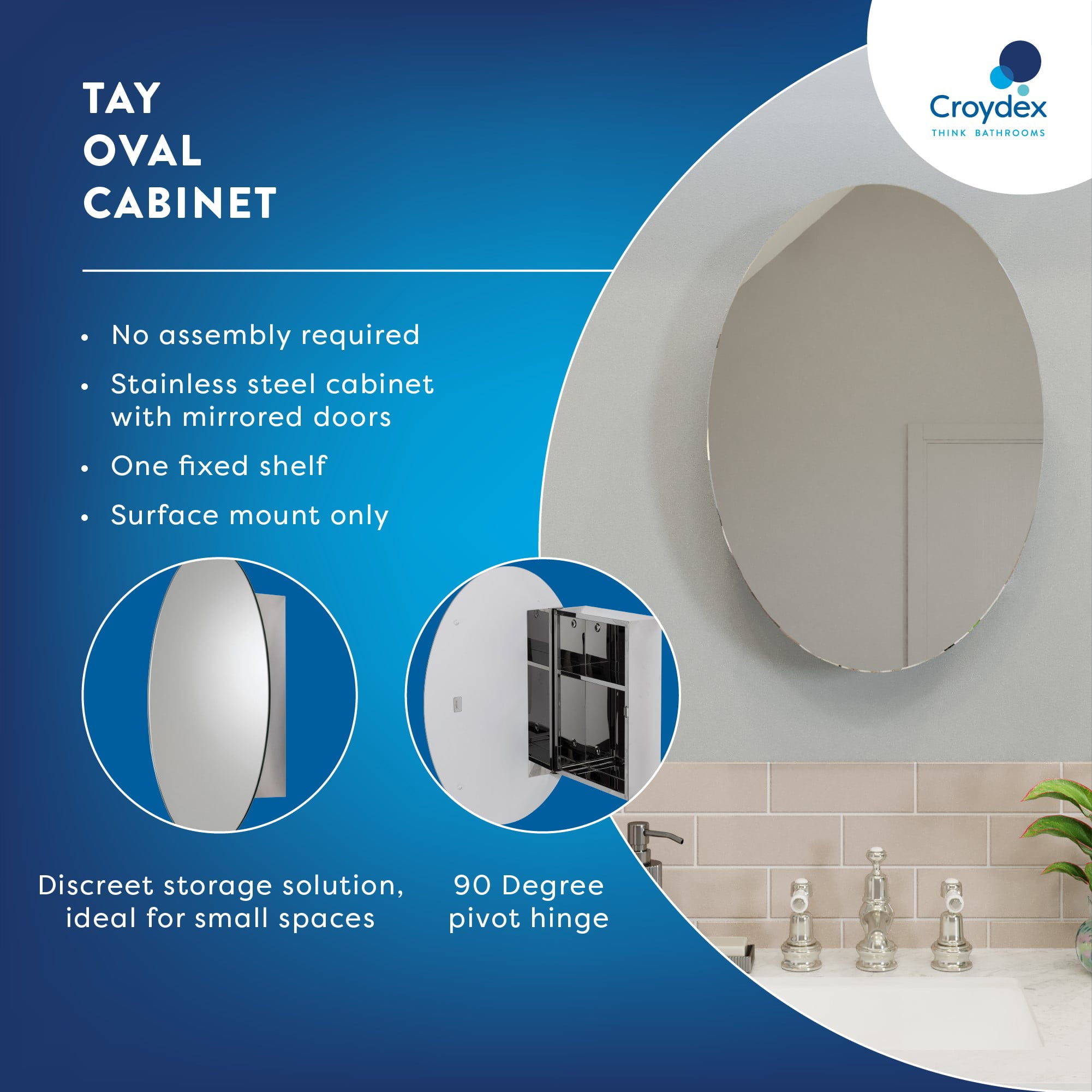 Croydex, Wall Mounted, Tay Oval, Stainless-Steel, Mirror Medicine Cabinet, - 17