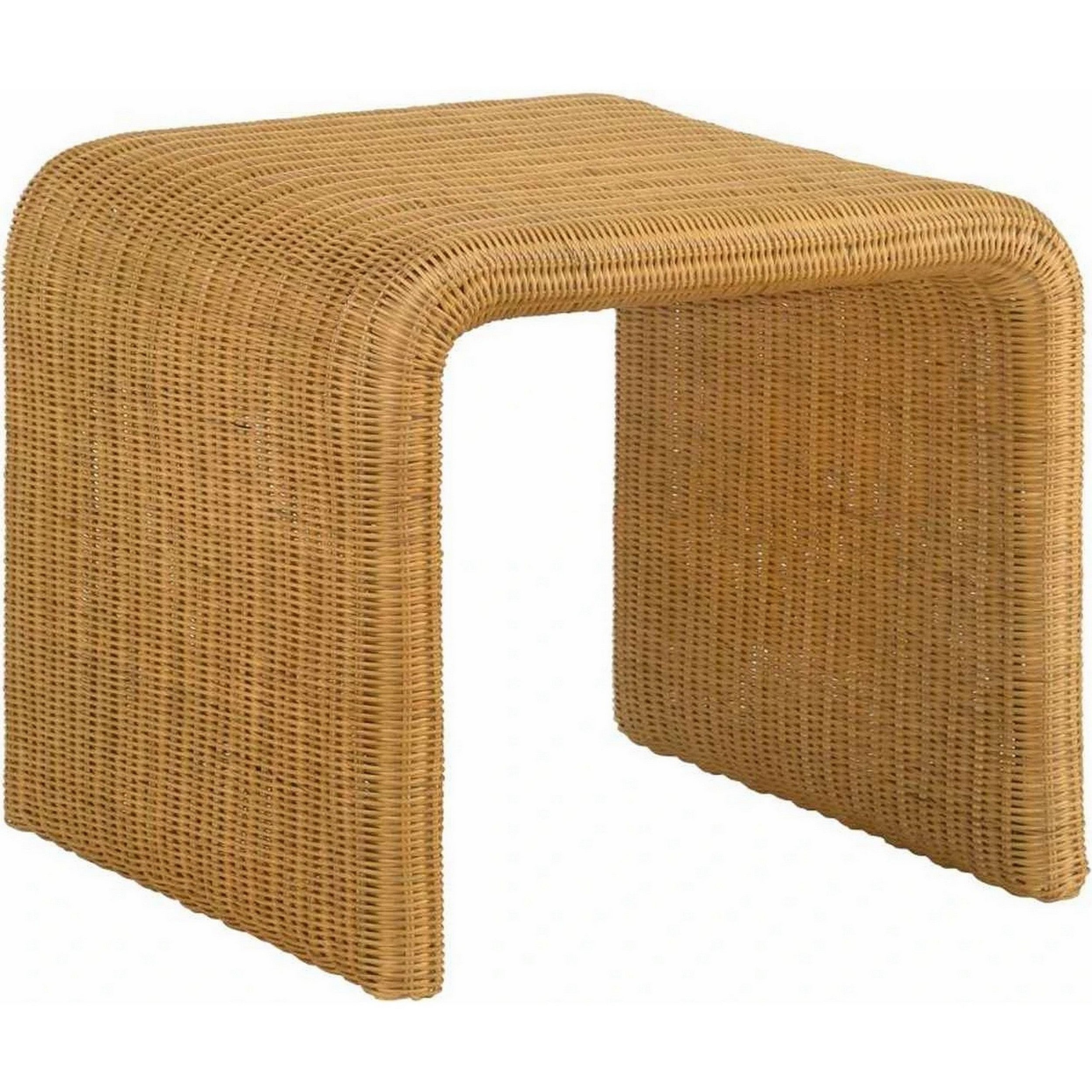 22 Inch Side End Table， Woven Rattan Frame， Waterfall Edges， Square Surface