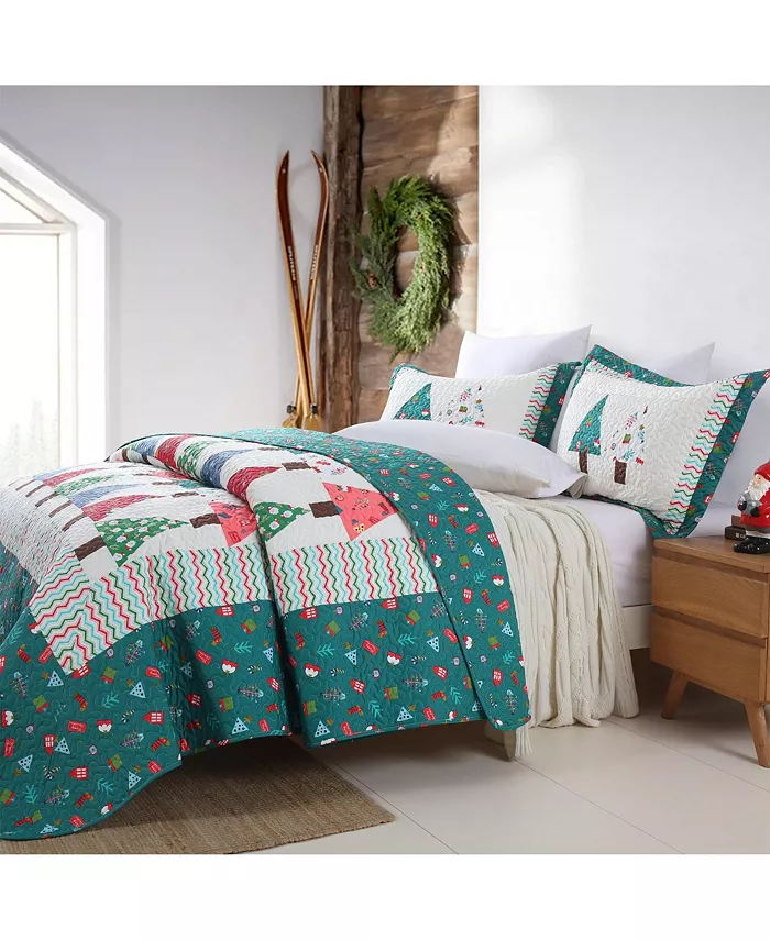 MarCielo 3Pcs Handcrafted Christmas Patchwork Cotton Vintage Like Style Holiday Bedspread Set - Queen