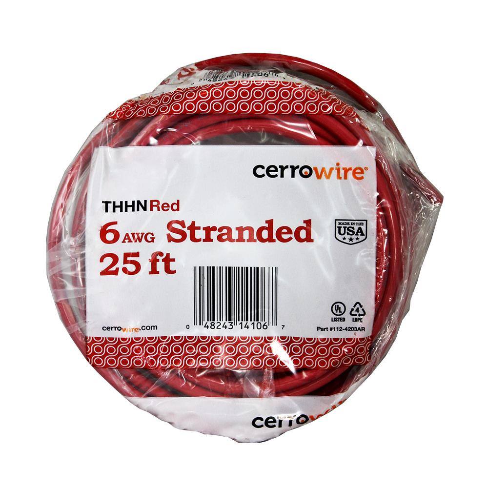 Cerrowire 25 ft. 6 Gauge Red Stranded Copper THHN Wire 112-4203AR