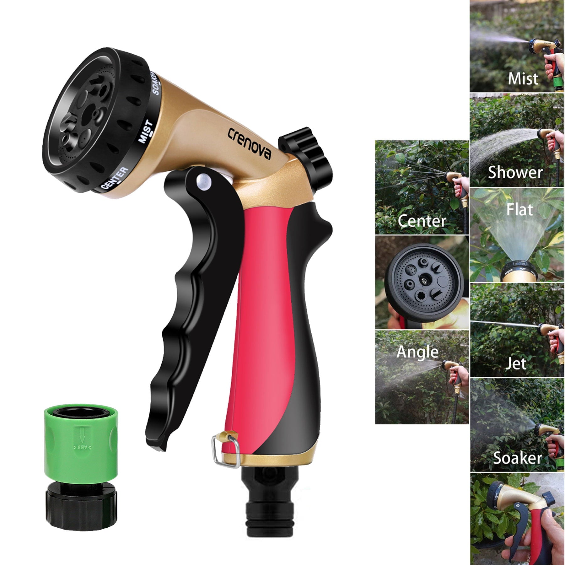 Crenova Non-slip Hose Nozzle High Pressure Water Power Gun Water Sprayer Garden Hose Nozzle Watering, Car Clean Wash, RED