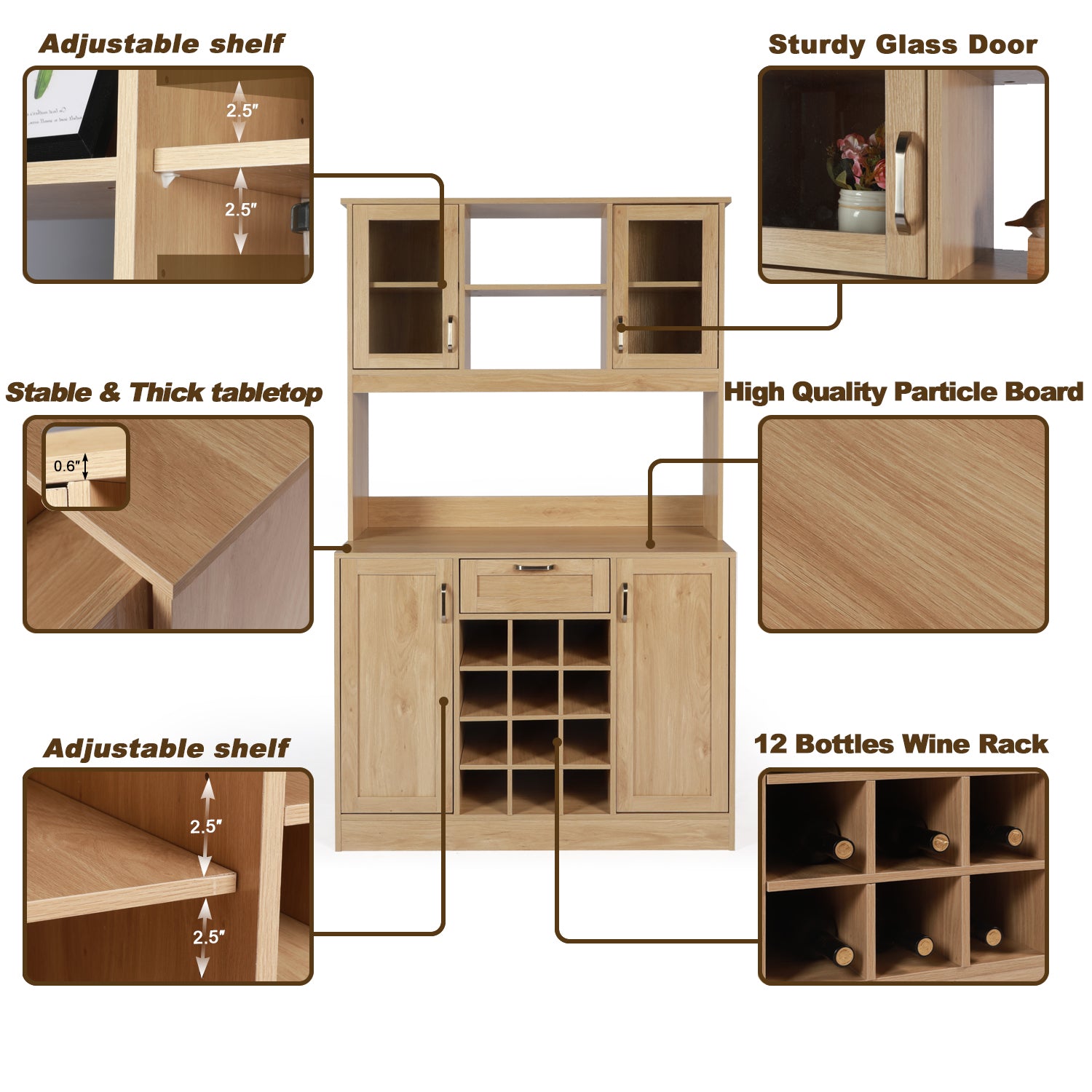 LAZZO Kitchen Buffet Storage Cabinet with Hutch Freestanding Kitchen Buffet Hutch Cupboard Wood Farmhouse Pantry Cabinet for Kitchen Storage Brown