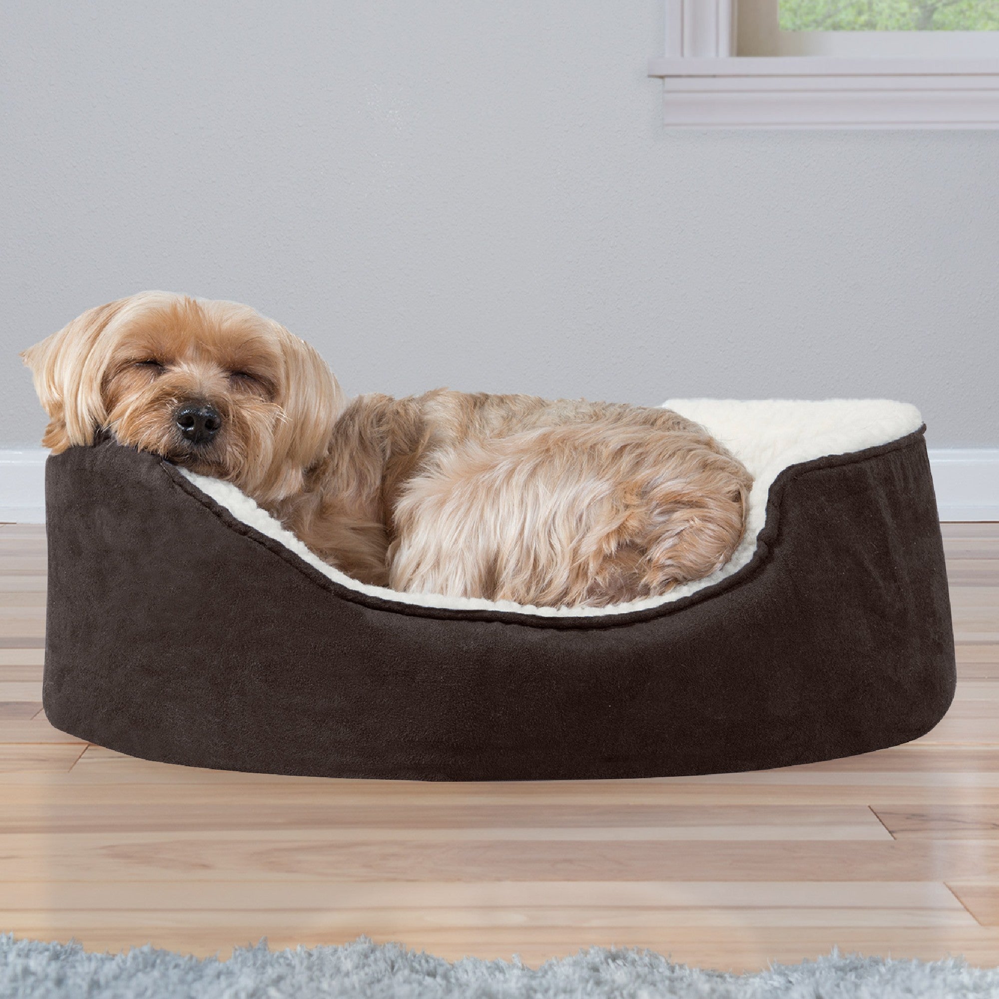 FurHaven | Orthopedic Faux Sheepskin and Suede Oval Pet Bed for Dogs and Cats， Espresso， Small