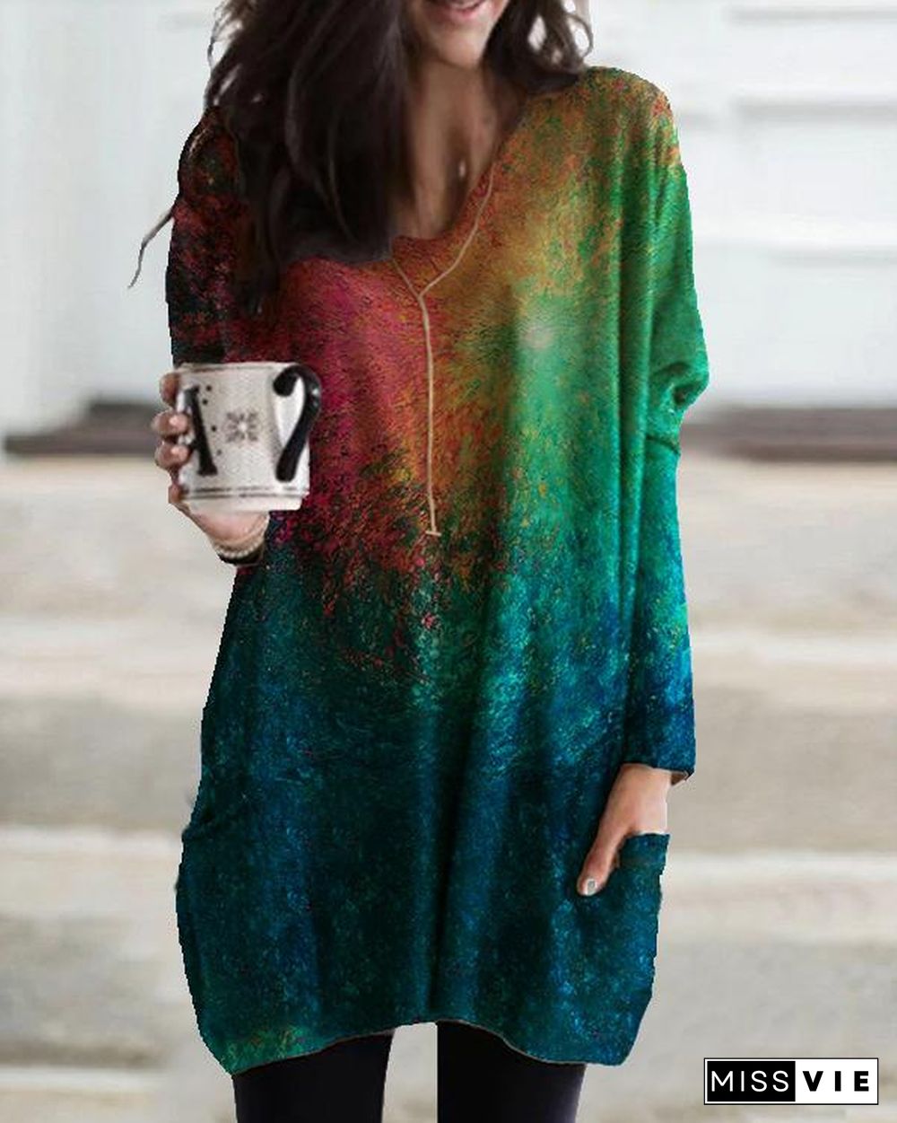 Women Colorful Ombre Tie Dye Pocket Long Sleeve Casual T-shirt