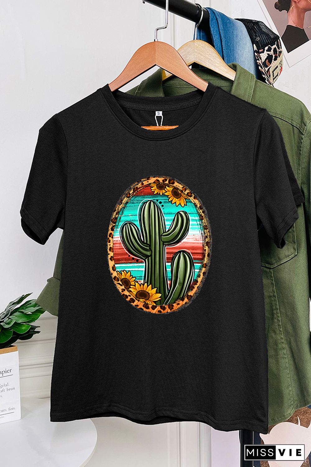 Serape And Sunflower Cactus Sleeve Graphic Tee Wholesale