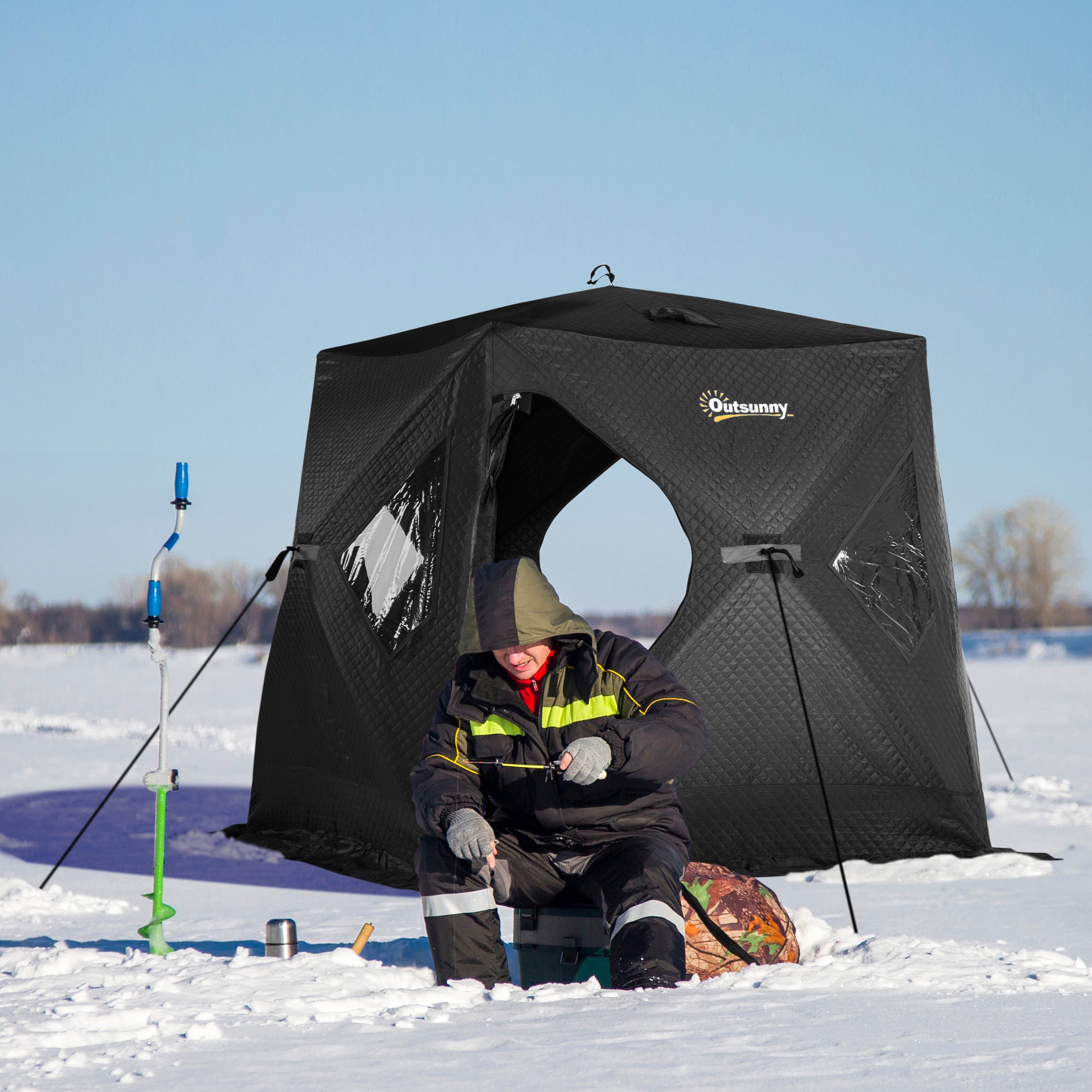 Outsunny 2 Person Insulated Ice Fishing Shelter Pop-Up Portable Ice Fishing Tent with Carry Bag and Anchors for Lowest Temps -22â， Black