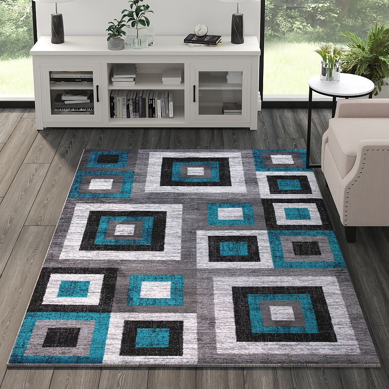 Masada Rugs Newton Collection Modern 5'x7' Accent Rug with Geometric Square Pattern in Turquoise， Gray and White
